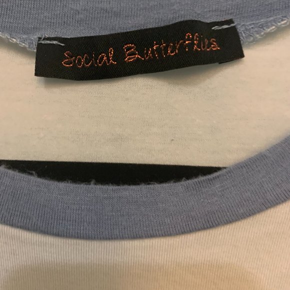 Social Butterflies Medium Blue And White Short Sleeves T-Shirt With Front Tie - Picture 2 of 5